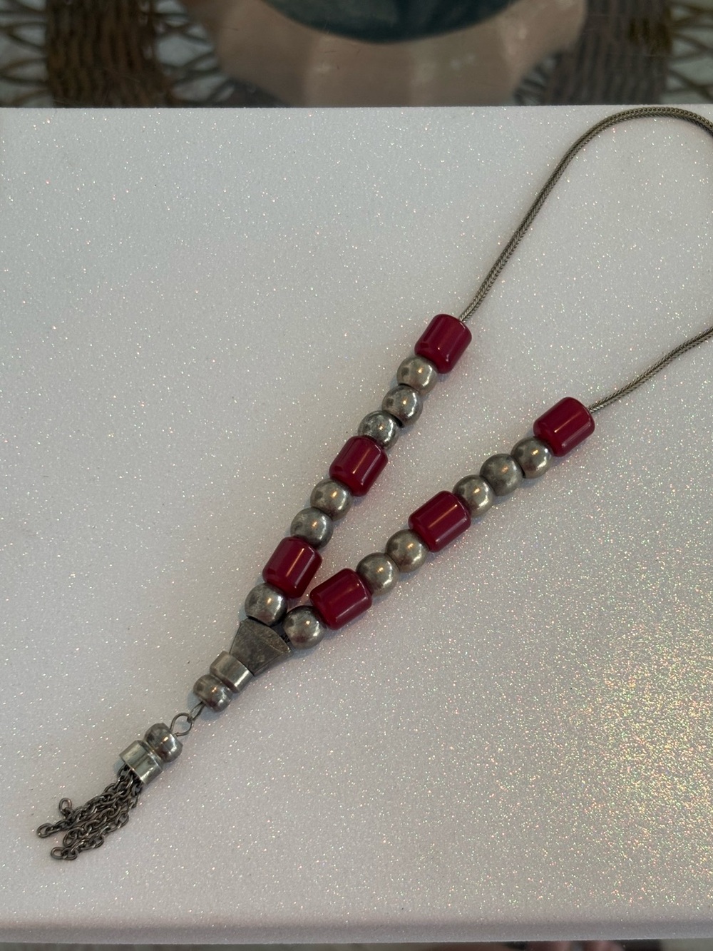 Vintage Silver-Tone and Red Bead Bracelet (?)